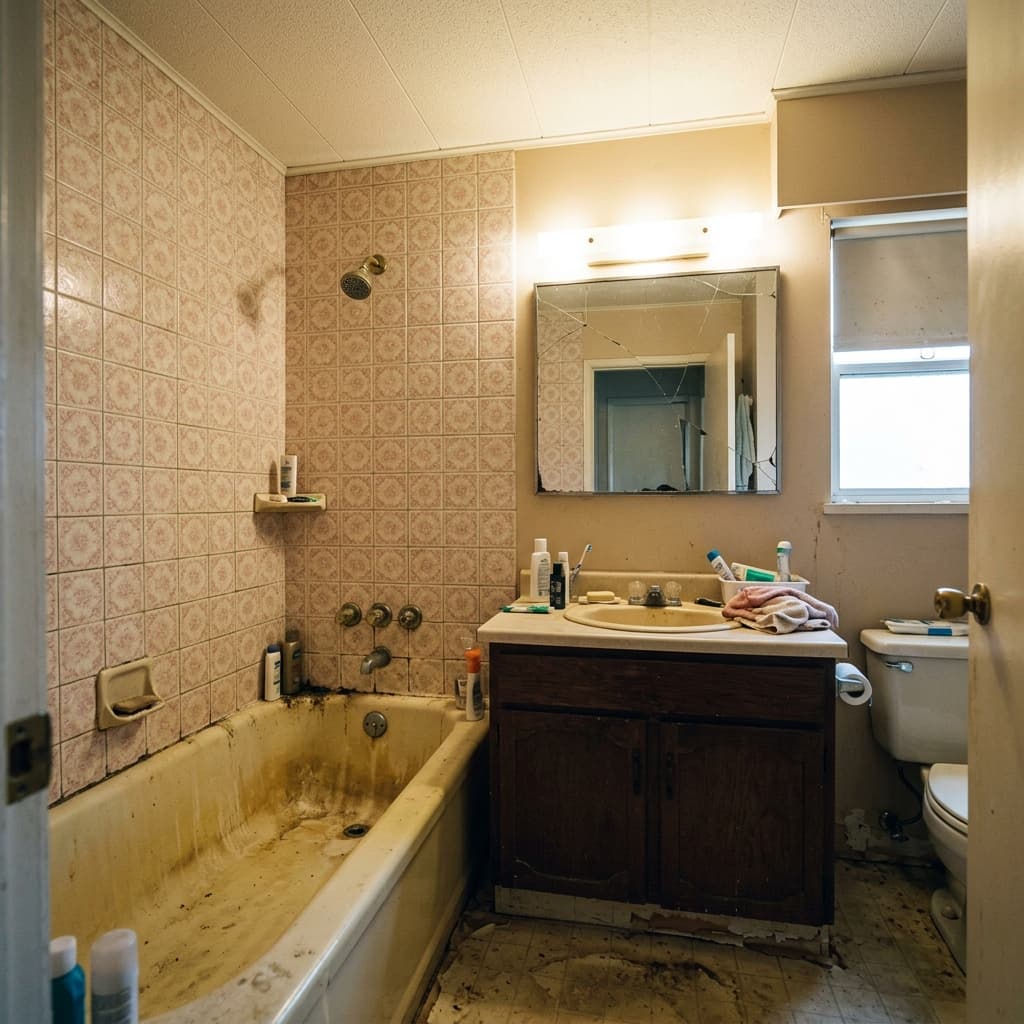 Old 1990s bathroom with stained bathtub and pink tiles